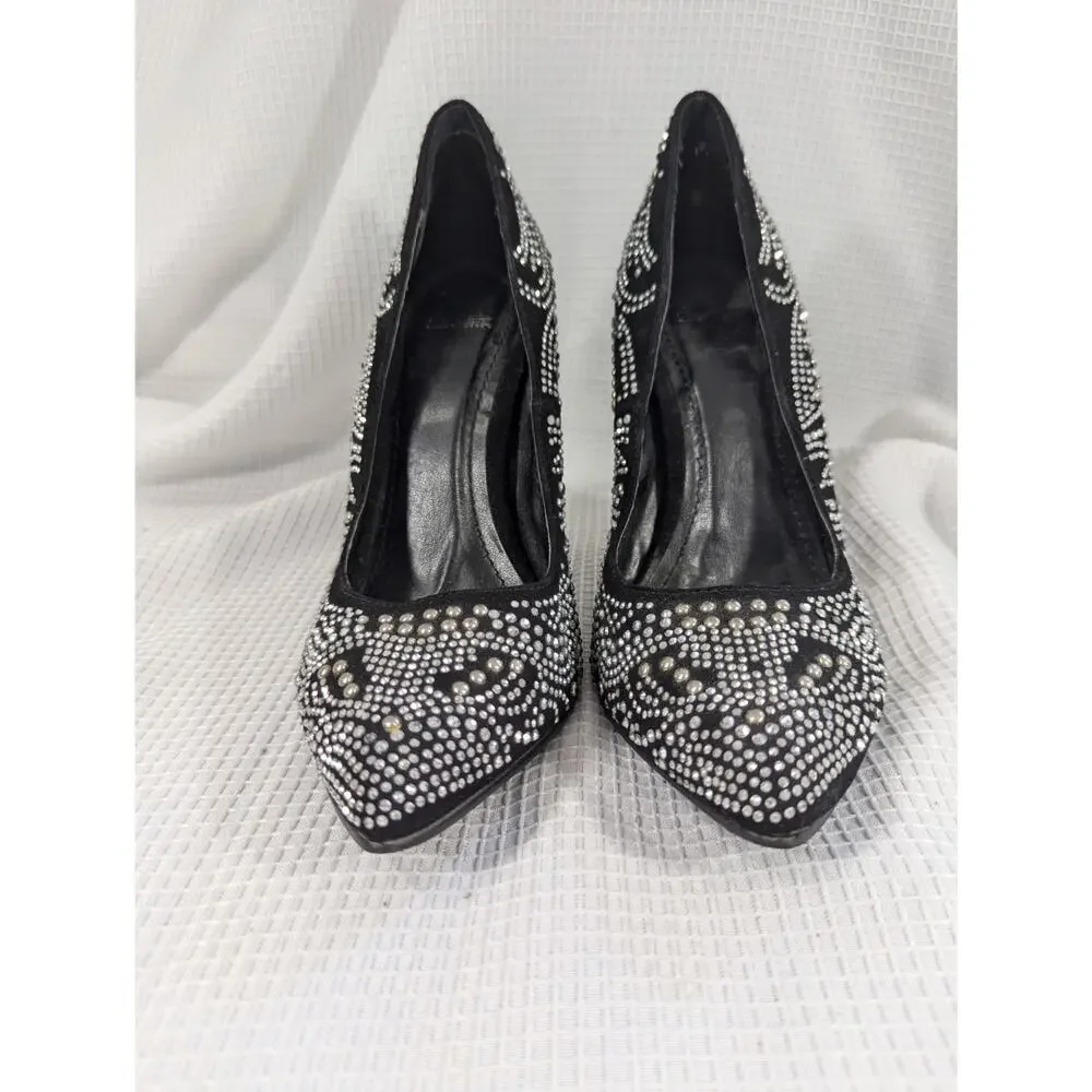 SHIEKH! GORGEOUS BLACK VEGAN SUEDE RHINESTONE PATTERNED PUMPS, HEELS! SZ 6.5